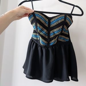 Bebe strapless blue gold fancy bustier-like top